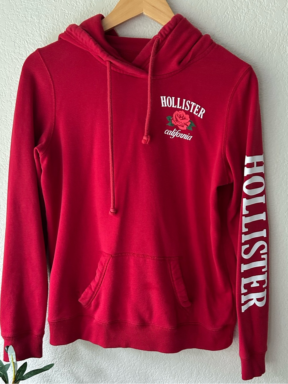 Hollister Red Pullover Hoodie with Rose Chest Graphic